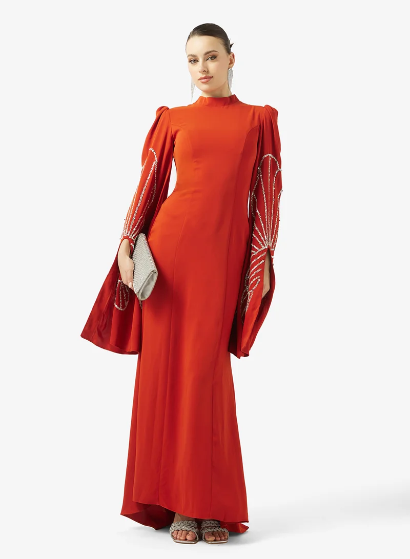 Akadia Fashion  BEADED WIDE SLEEVES CREPE DRESS for Women | Best Price UAE